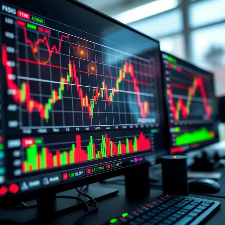 Forex Trading Efficiency and Risk Management Digital interface displaying forex trading charts with upward trends and risk management tools