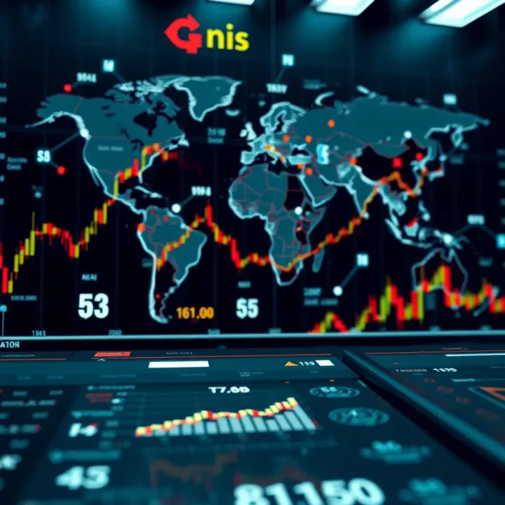 Global currency market showing interconnected financial symbols and dynamic data charts