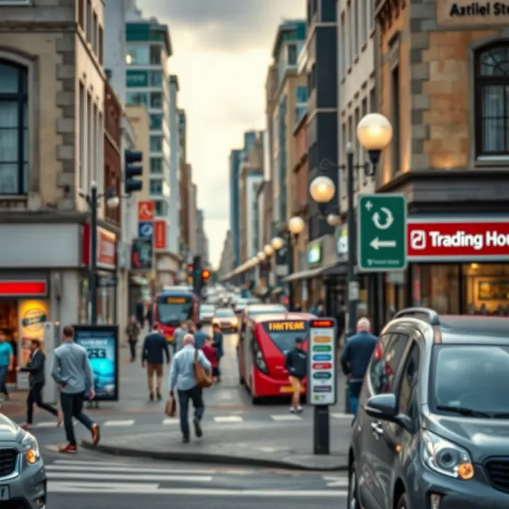 Bustling commercial intersection in Athlone with shops and public transport stops during daytime