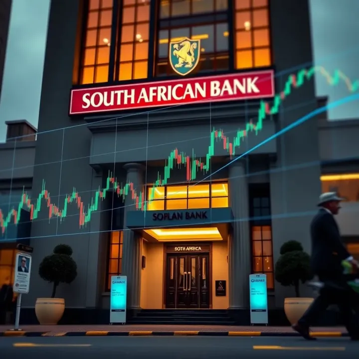 South African bank headquarters with a digital forex trading chart overlay