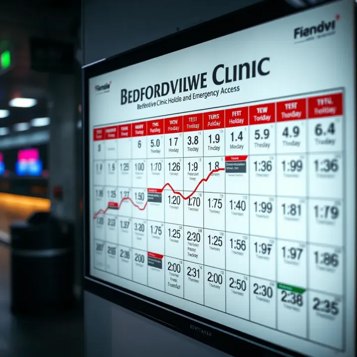 Calendar highlighting Bedfordview Clinic's holiday schedule and emergency service times