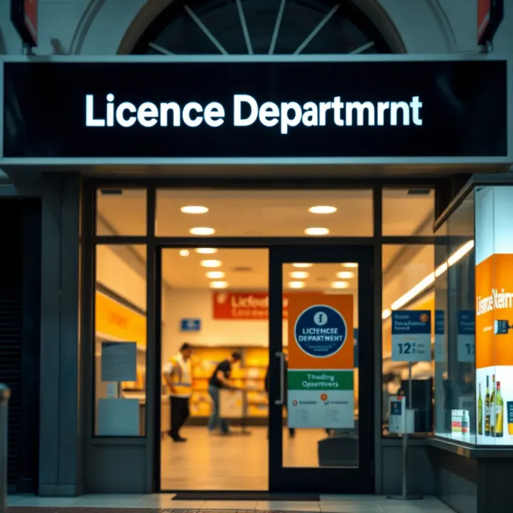 Entrance of Bedfordview licence department showing operating hours sign