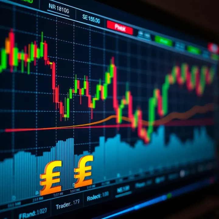 Overview of forex trading charts and South African Rand currency symbols on a digital interface