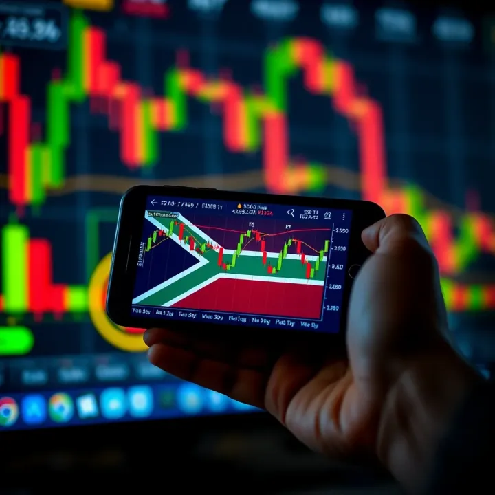 Mobile device displaying forex trading app interface with South African flag and currency charts