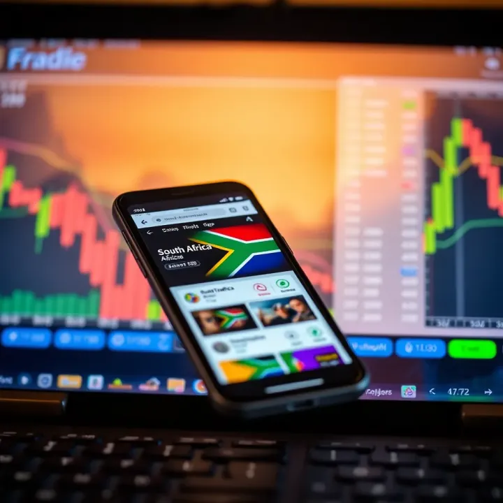 Mobile phone displaying various financial trading options with South African currency symbols