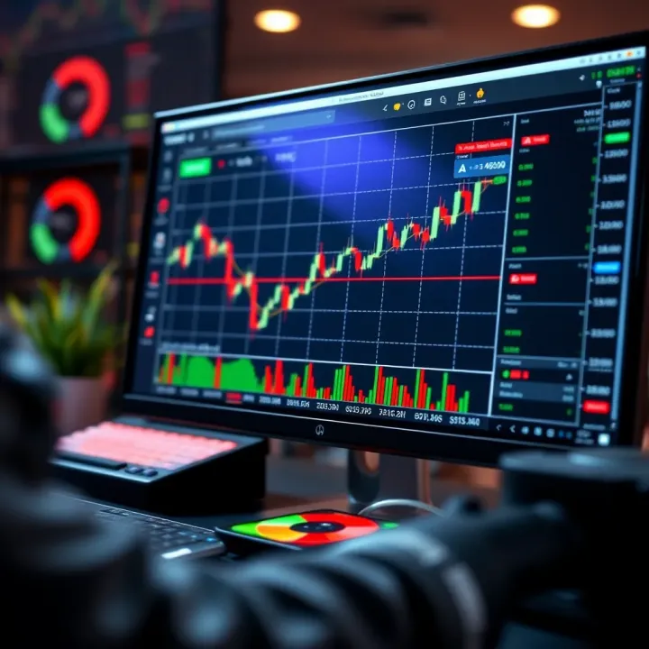 Automated trading software interface showing binary options charts and algorithm settings on computer screen