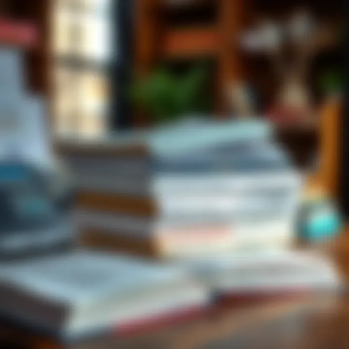 Stack of open books about binary options trading on a wooden desk