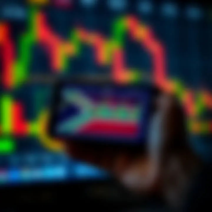 Mobile device displaying forex trading app interface with South African flag and currency charts