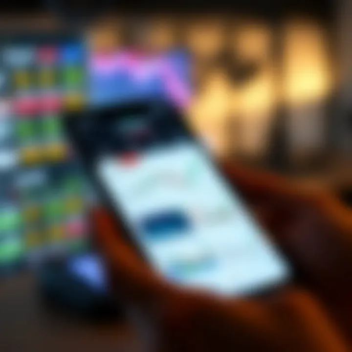 Mobile phone displaying a trading app interface with graphs and charts representing market trends in South Africa