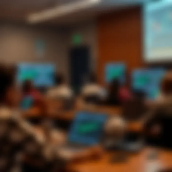 Classroom setting with students engaging in forex trading lessons using laptops and charts