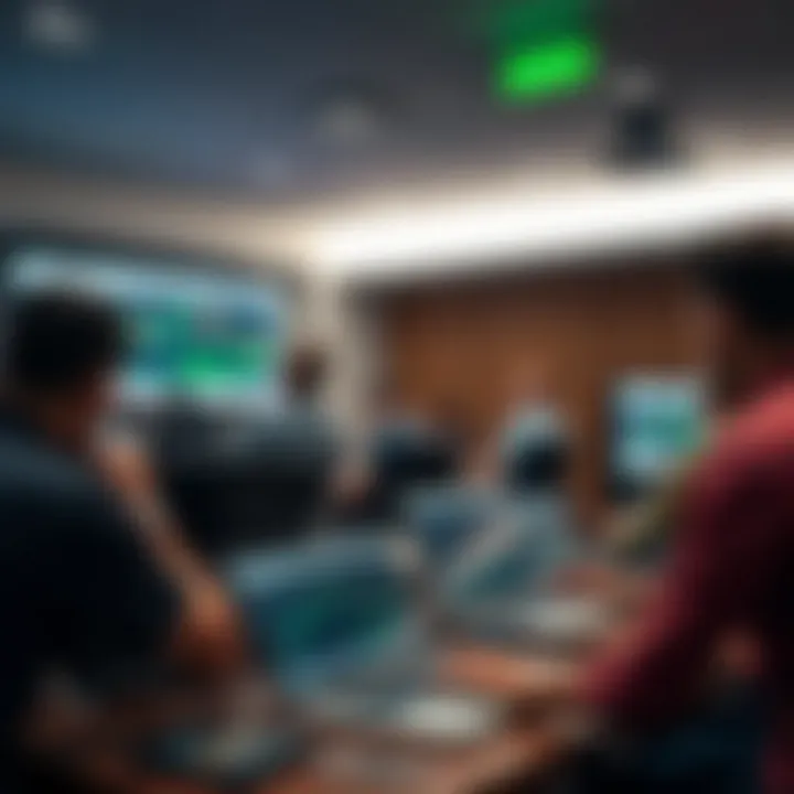 Classroom setting with students learning forex trading concepts on laptops