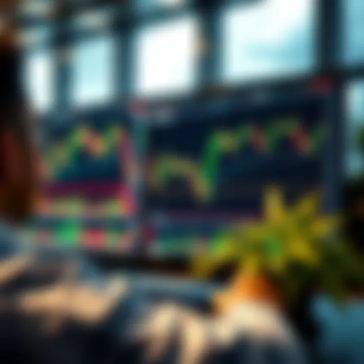 A digital screen showing multiple forex trading charts and indicators