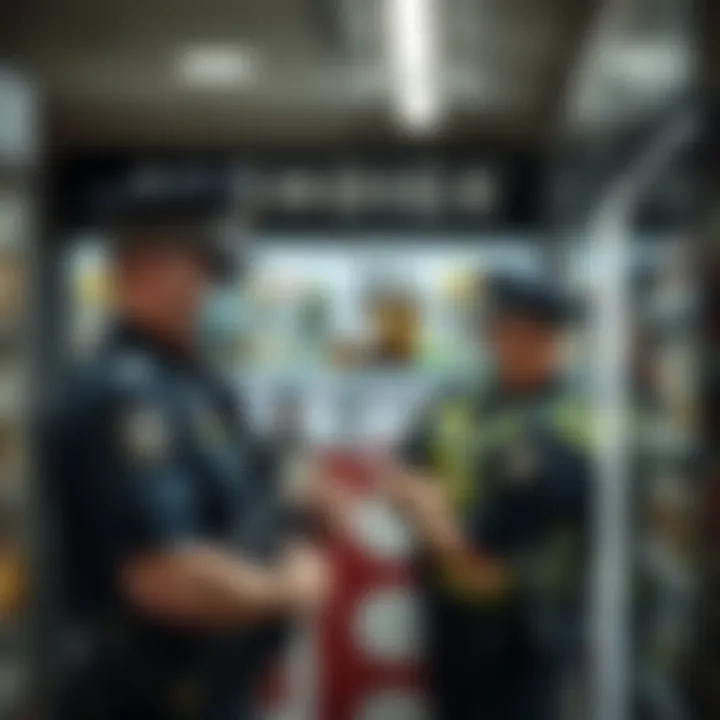 Enforcement of Alcohol Sale Restrictions During Lockdown Police officers enforcing alcohol sale restrictions at a retail outlet amidst lockdown measures