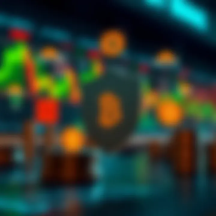 Conceptual graphic illustrating risk management in forex with shield icons and currency symbols