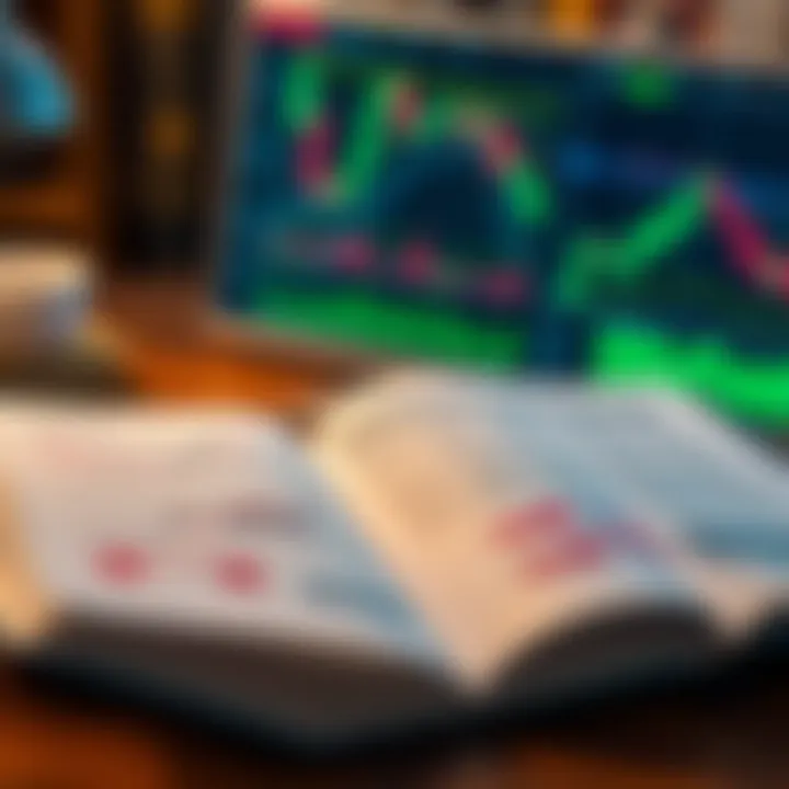 Open book showing forex trading charts and graphs on a wooden desk