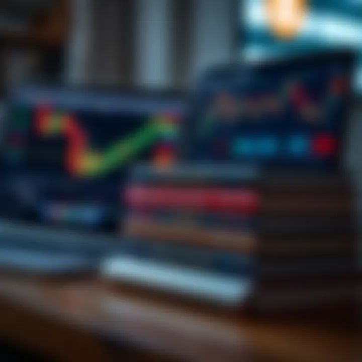 Stack of forex trading books with a laptop displaying currency exchange rates