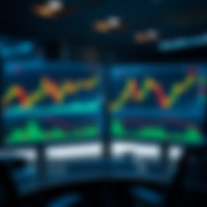 Dynamic forex market charts displayed on a dual monitor setup in a sleek trading room