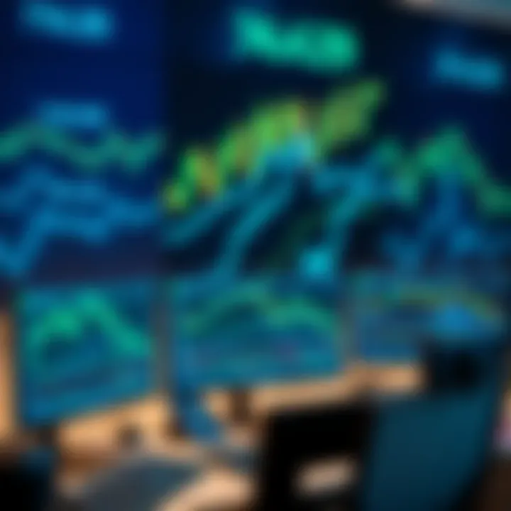 A sleek trading workspace featuring multiple monitors displaying forex charts with calming blue and green trading wallpaper in the background