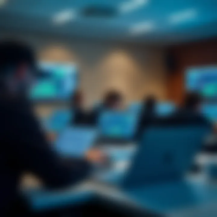 A classroom setting with students attentively learning forex trading concepts on laptops