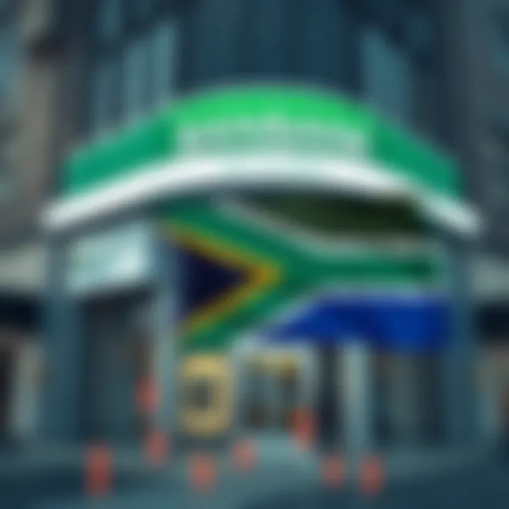 Bank building facade with South African flag and forex symbols overlay