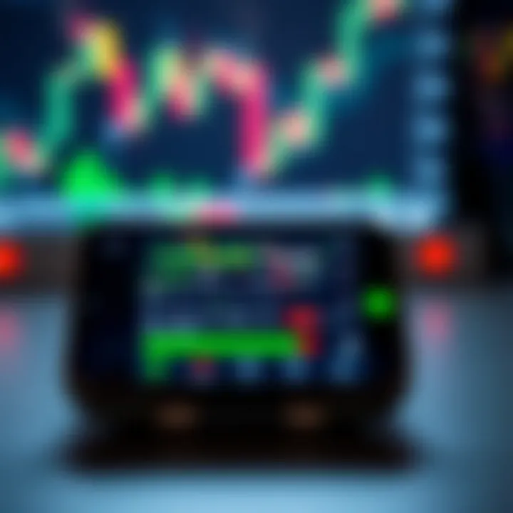Smartphone screen displaying a popular forex trading app interface with charts and currency pairs
