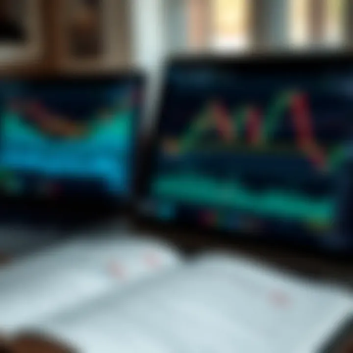 Forex Trading Strategies and Analysis Techniques Open book showing forex trading charts and graphs with a laptop in the background