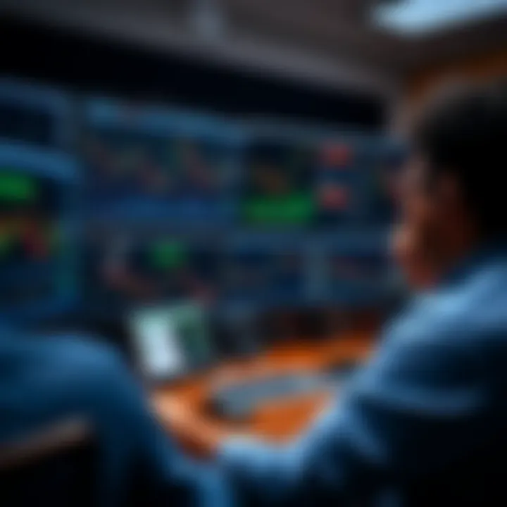 Desk setup with multiple screens showing forex trading platform and community forum discussion