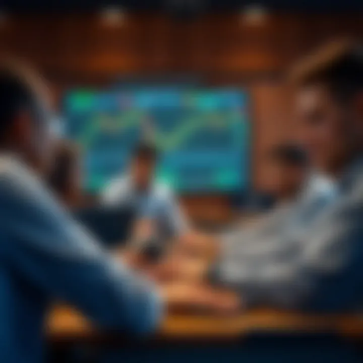 Classroom setting with students learning forex trading on laptops