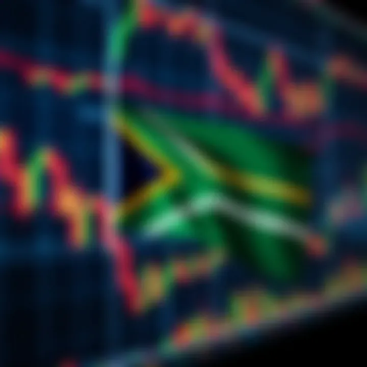 South African flag overlaying a digital forex chart showing currency exchange trends