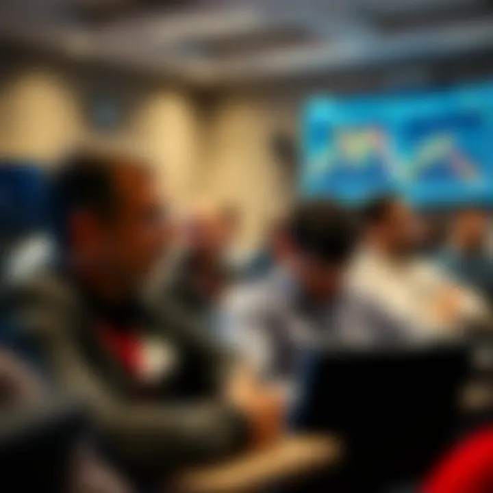 A classroom setting with traders learning forex strategies and market analysis