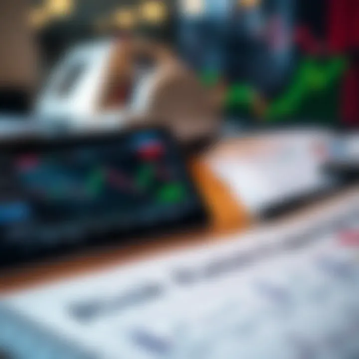 Close-up of financial documents and a digital tablet showing forex market data and risk management tools