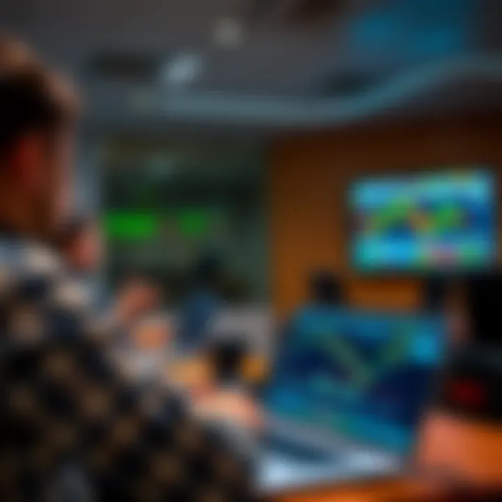 Classroom setting with students engaged in forex trading training using laptops and financial data displays