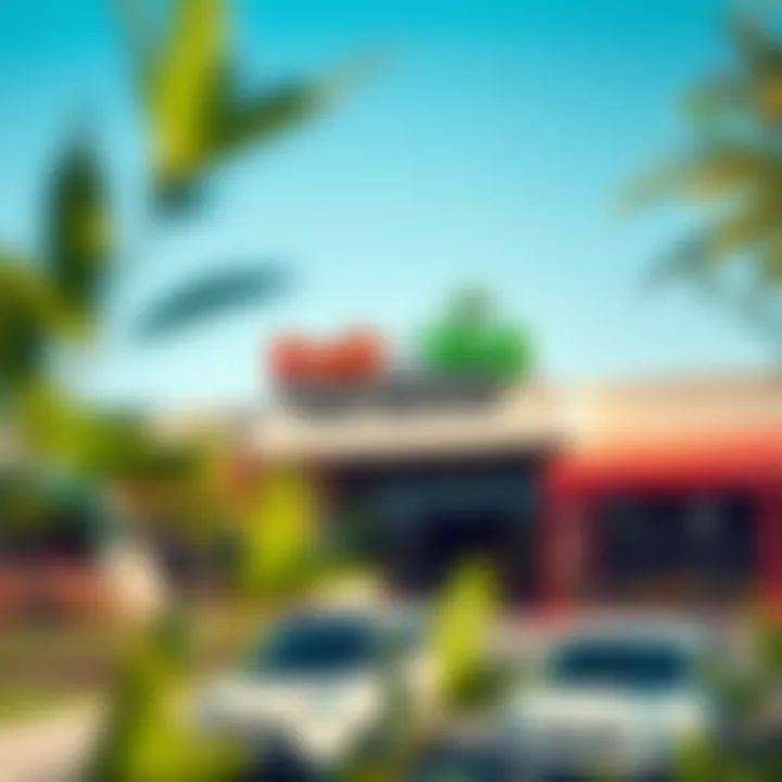 Entrance sign of Fruit and Veg Park Meadows with green landscaping and clear sky