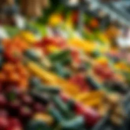 Fresh variety of colorful fruits and vegetables displayed at a market stall