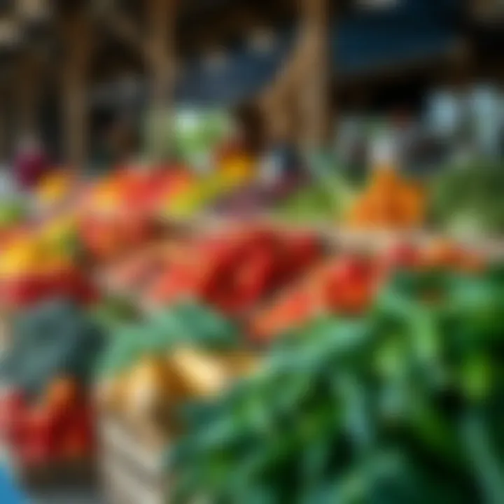 Colorful seasonal fruits and vegetables arranged in wooden crates at an outdoor market