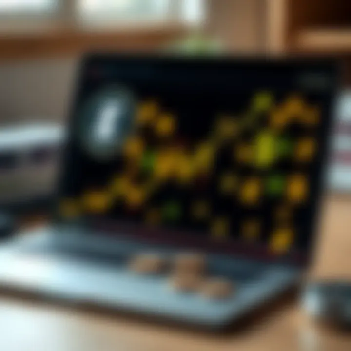 Graph showing upward trend with various forex currency symbols around a laptop