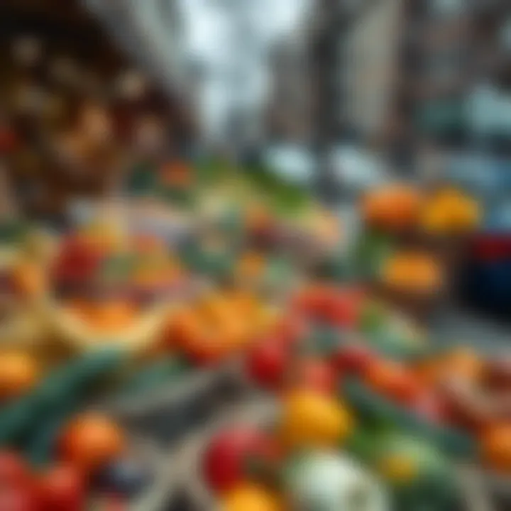 Colorful assortment of seasonal fruits and vegetables arranged in baskets outdoors