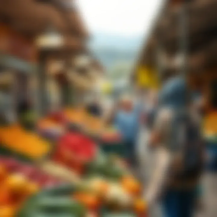 Busy local fruit and vegetable market with shoppers browsing during early morning hours