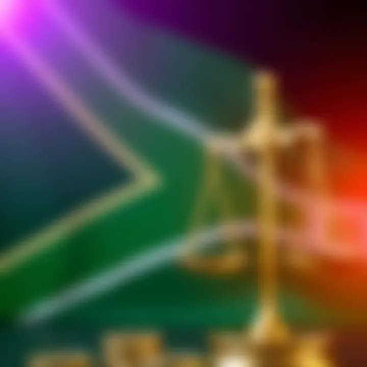 South African flag with currency symbols and legal scales representing forex trading regulation