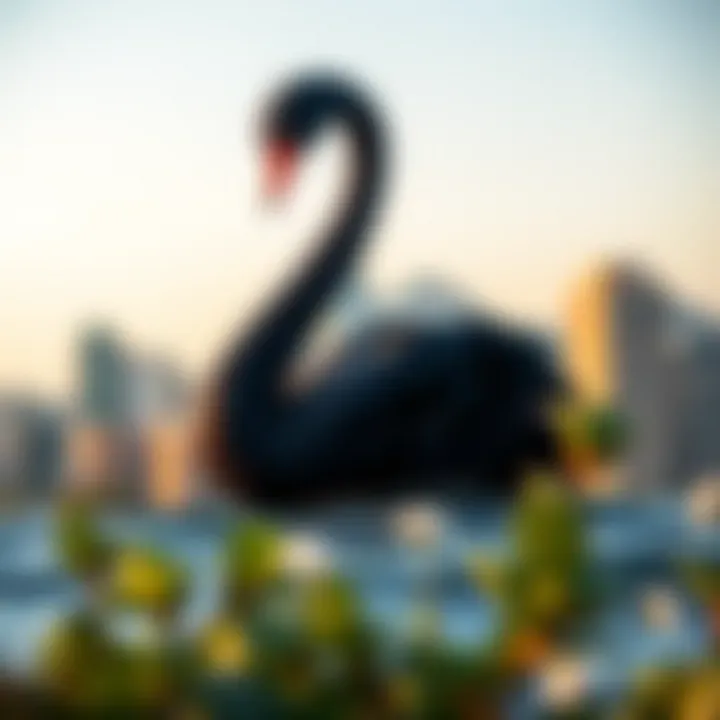 Illustration of rare unpredictable events impacting business with a stylized black swan over a South African city skyline