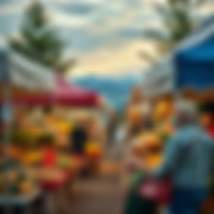 Outdoor market scene showing vendors and buyers under tents during daytime in Montana