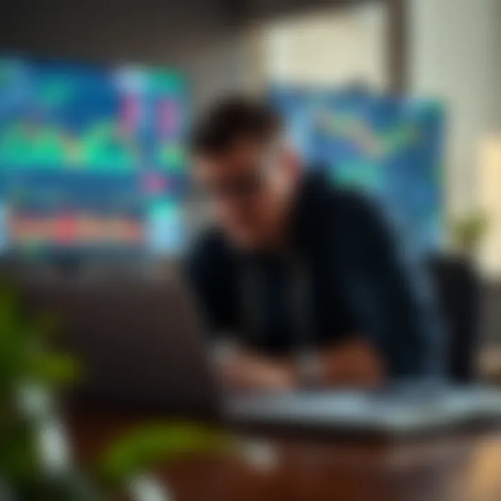 Illustration of a trader analyzing charts and managing risks using a laptop