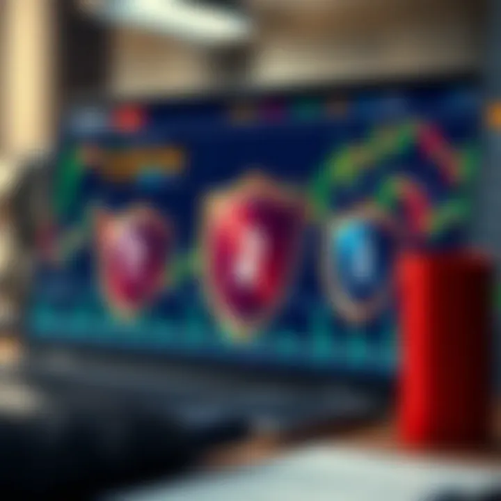 Illustration of risk management tools with charts and protective shields symbolizing safe forex trading