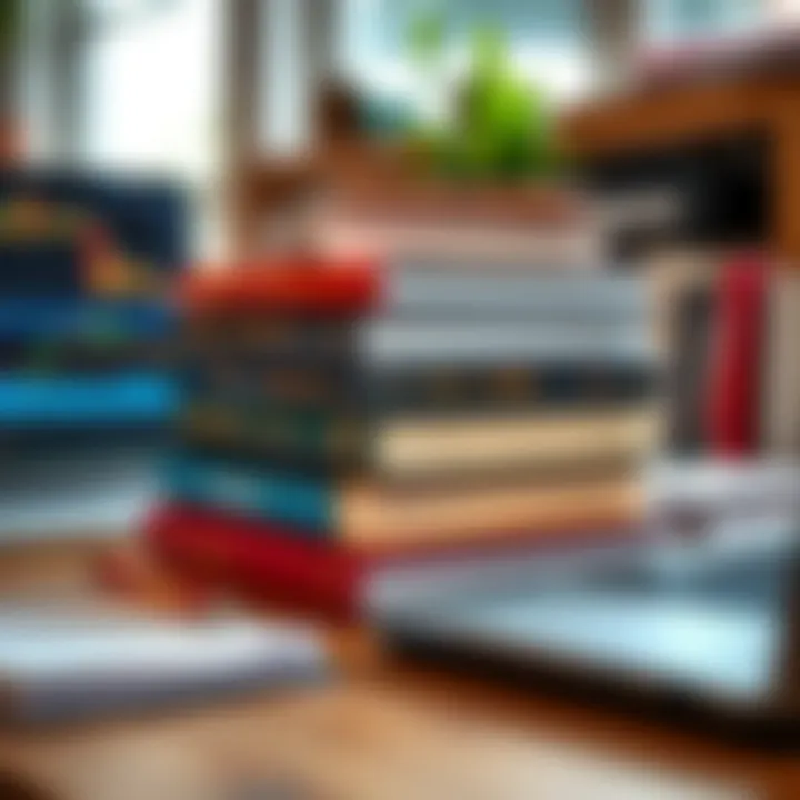 Stack of Forex trading books with notes and a laptop on a desk