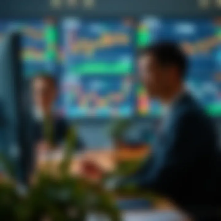 Illustration of business professionals analyzing financial charts and risk data on multiple screens