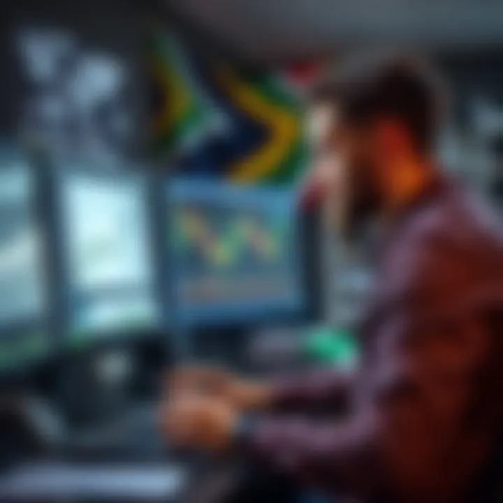 Trader Reviewing Financial Charts with South African Regulatory Context Illustration of a trader analyzing financial charts on a computer with South African flag and regulatory documents in the background