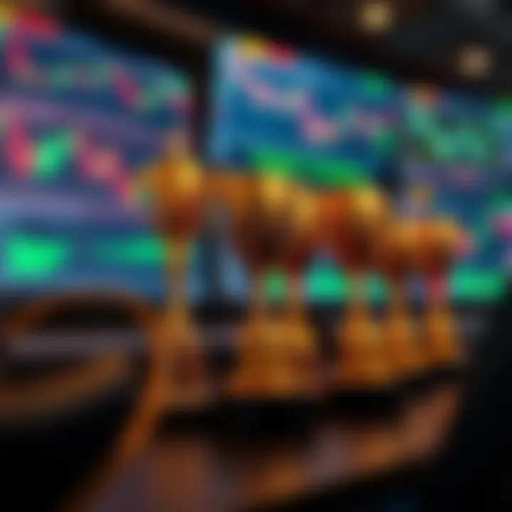 Forex Trading Competitions and Prize Opportunities Conceptual representation of competition with trophies and forex charts on digital screens