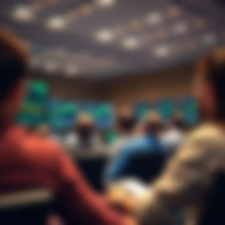 Participants engaging in a forex trading seminar with charts and data displayed on screens