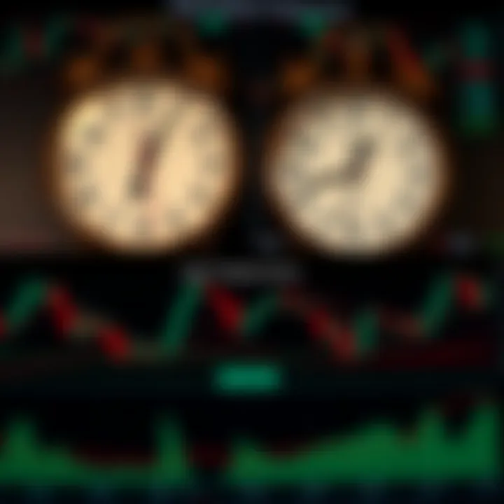 Clock faces showing overlapping forex trading session times alongside a chart indicating periods of high liquidity and volatility