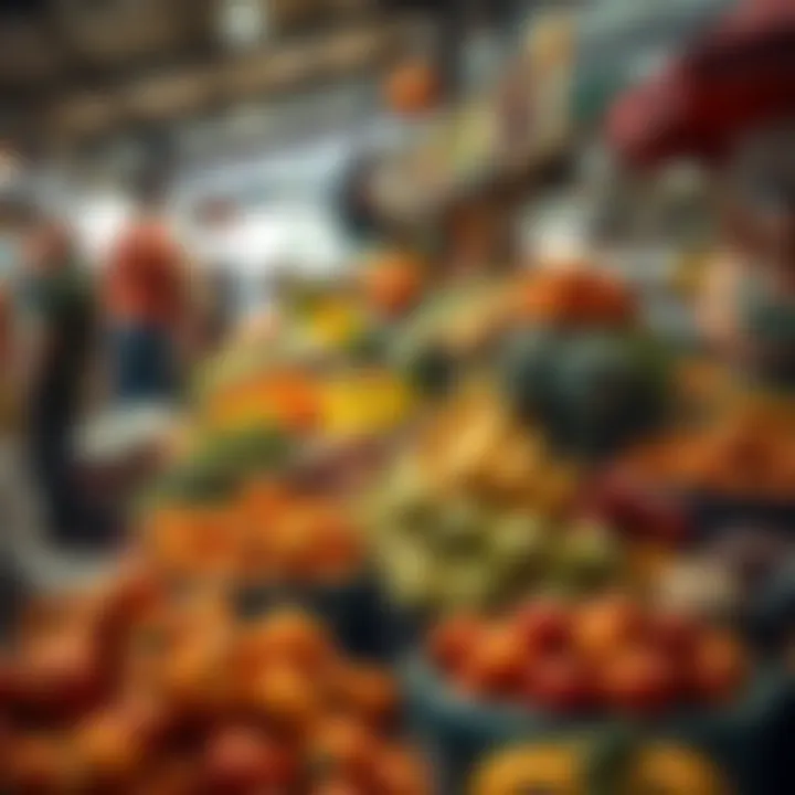 Fresh fruits and vegetables displayed at a bustling South African market during trading hours